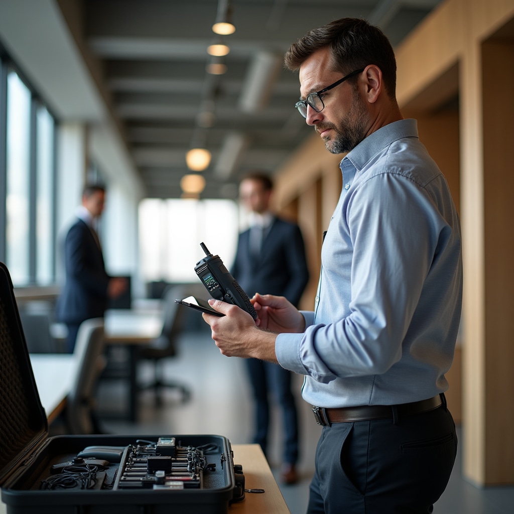 Acoustic consultant conducting detailed sound assessment in modern office environment with professional measurement equipment
