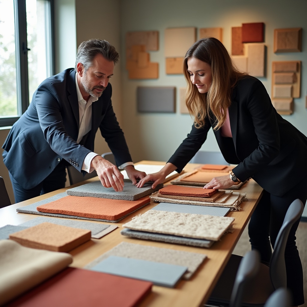 Collection of acoustic treatment materials including panels, fabrics, and sound-absorbing surfaces displayed for selection