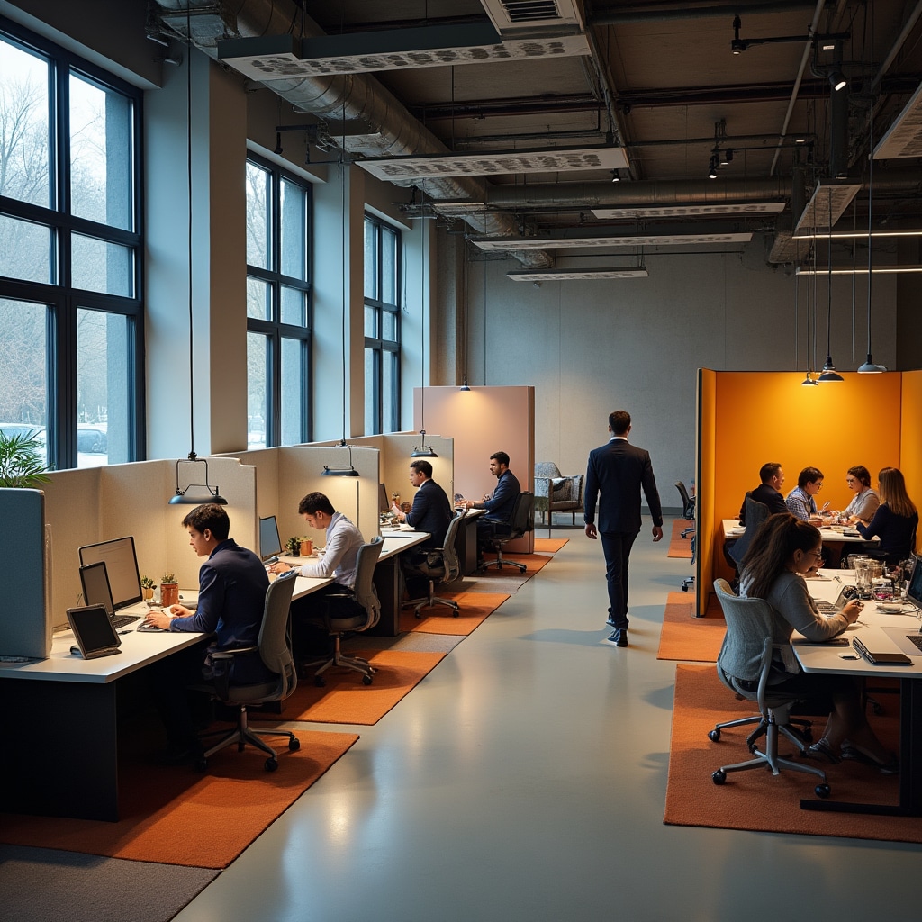 Office space layout showing acoustic zoning strategy with quiet work areas, collaboration zones, and circulation paths