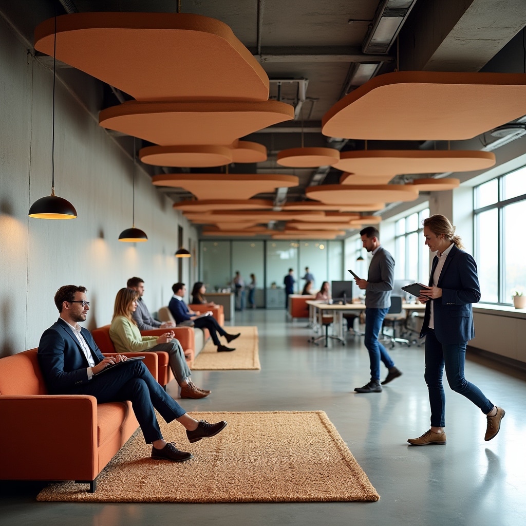 Open-plan office space with acoustic panels and sound-absorbing materials creating comfortable work zones