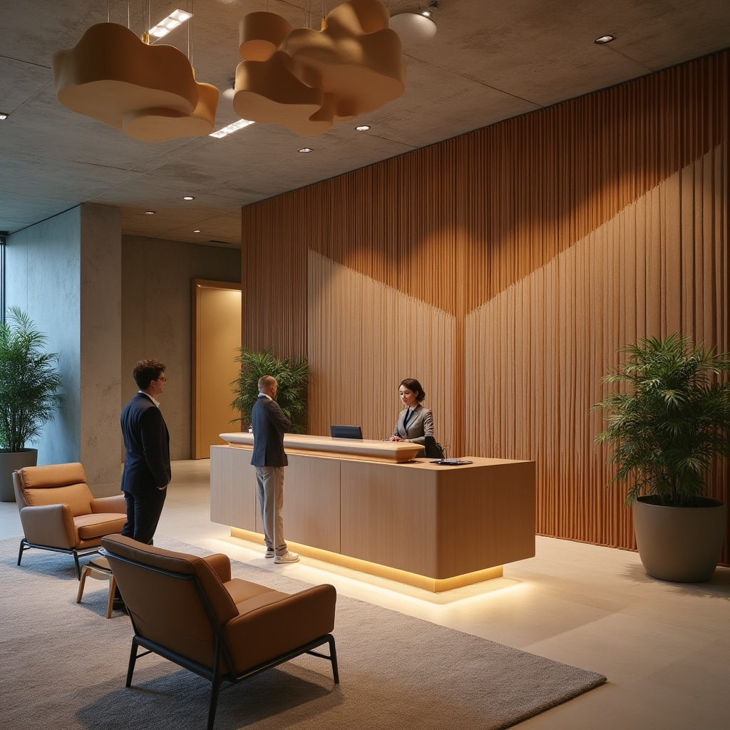 Modern reception area with acoustic comfort features and professional welcoming atmosphere